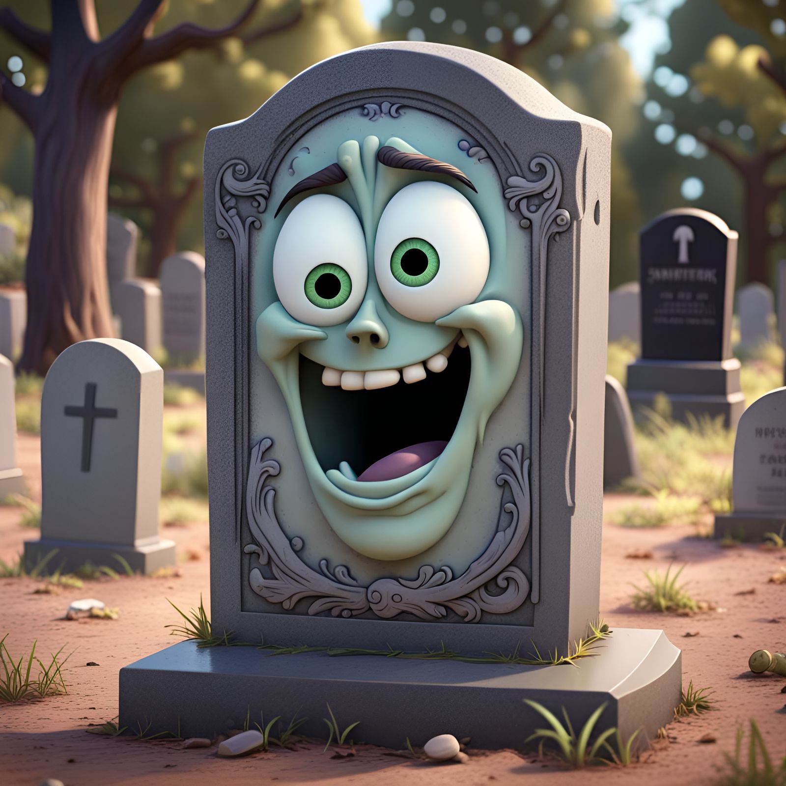 Anxious Sentient Tombstone in Pixar Animation Style
