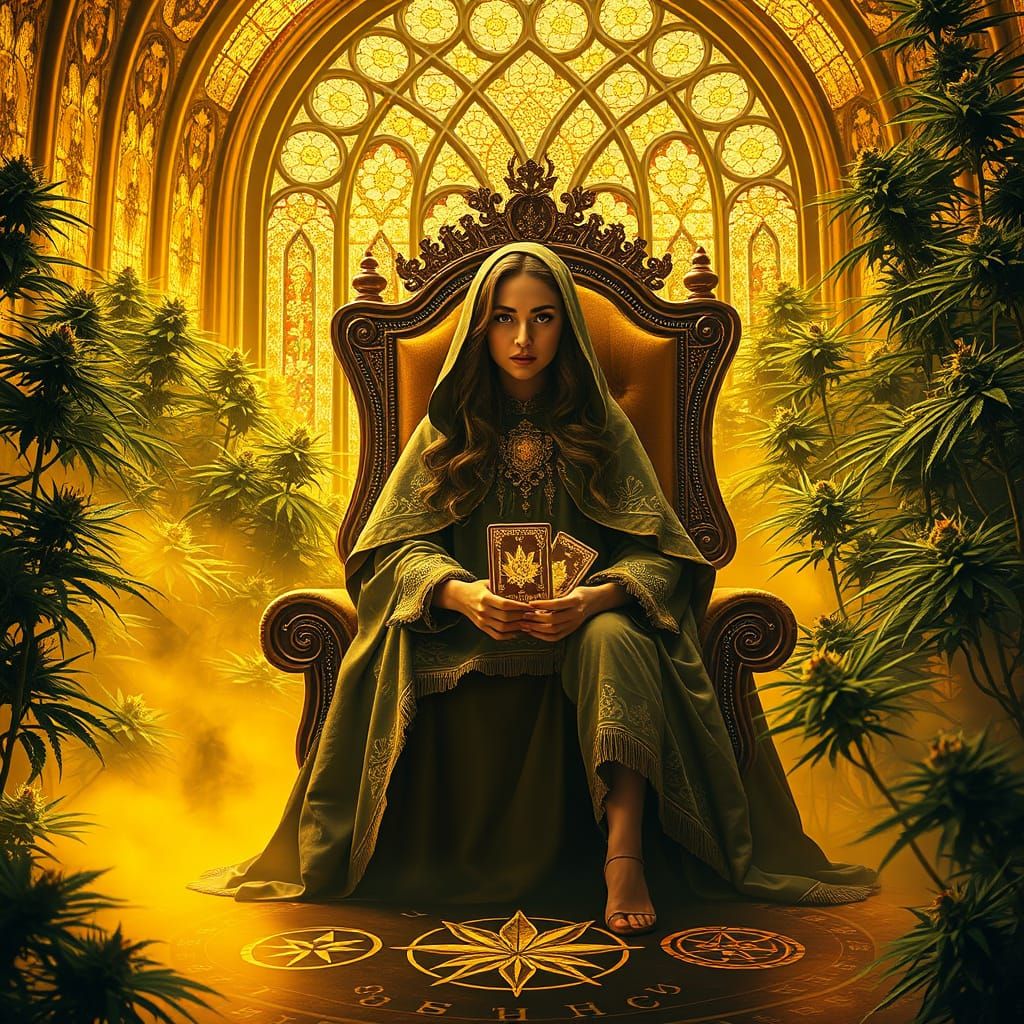 Mystical Cannabis Fortune Teller in Golden Cathedral
