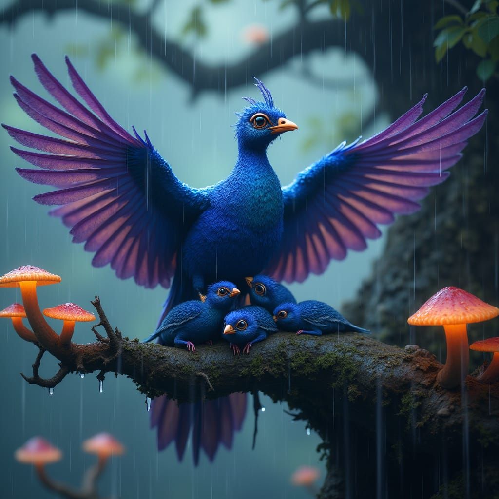 Majestic Mother Bird Shields Her Chicks from the Rain