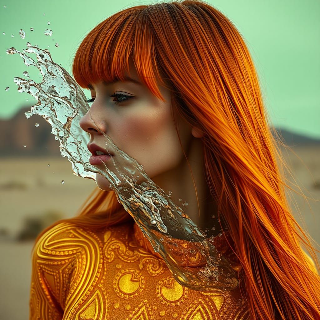 Woman with Amber Hair Blending into Desert