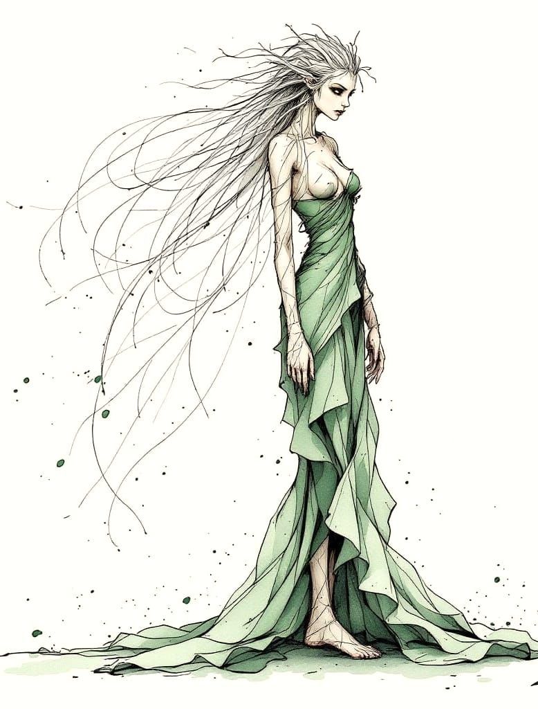 Graceful Dryad in Green and White Ink Drawing