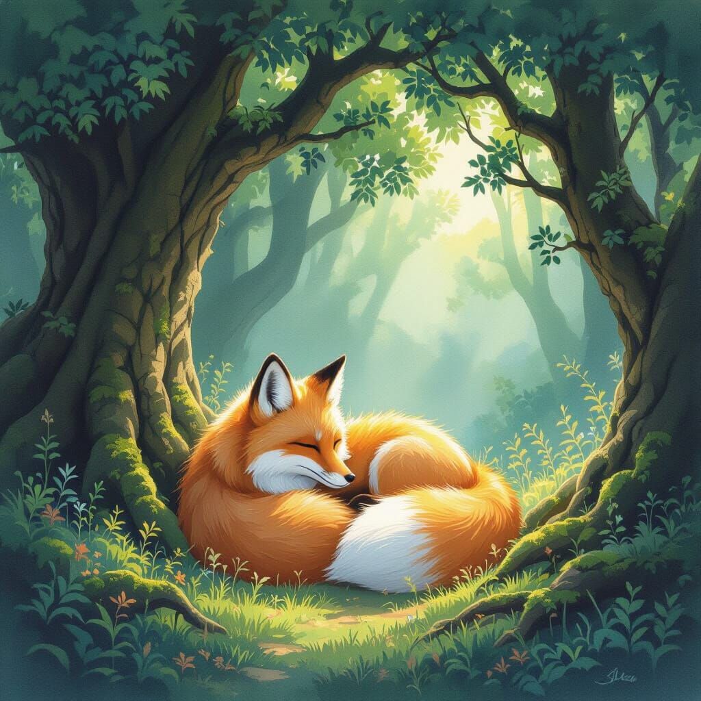 Moonlit Fox in Enchanted Glade, Watercolor Style