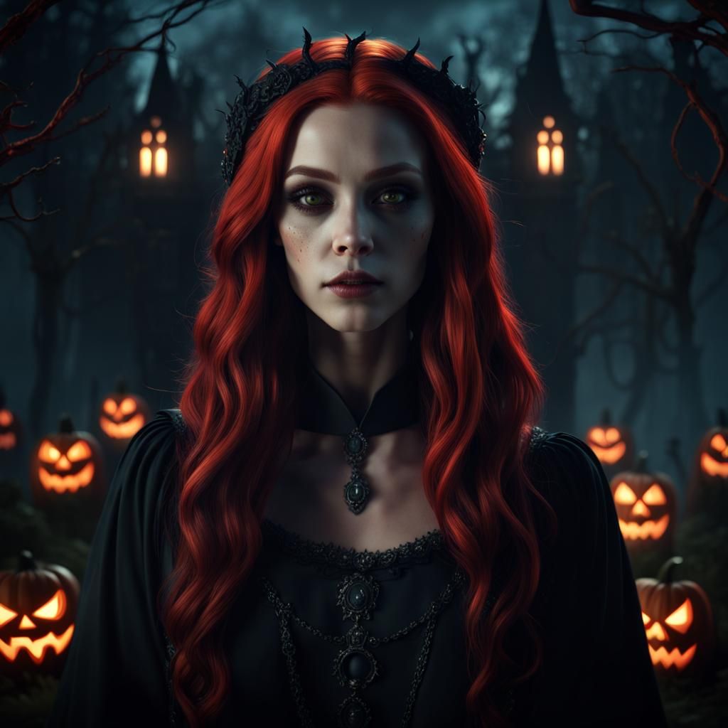 Halloween Witch with Red Hair in Graveyard