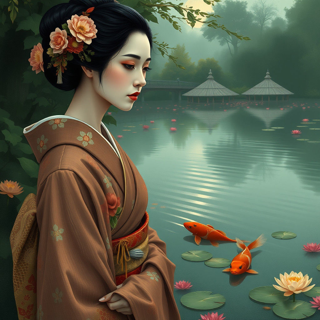 Geisha by Koi Pond in Art Nouveau Style