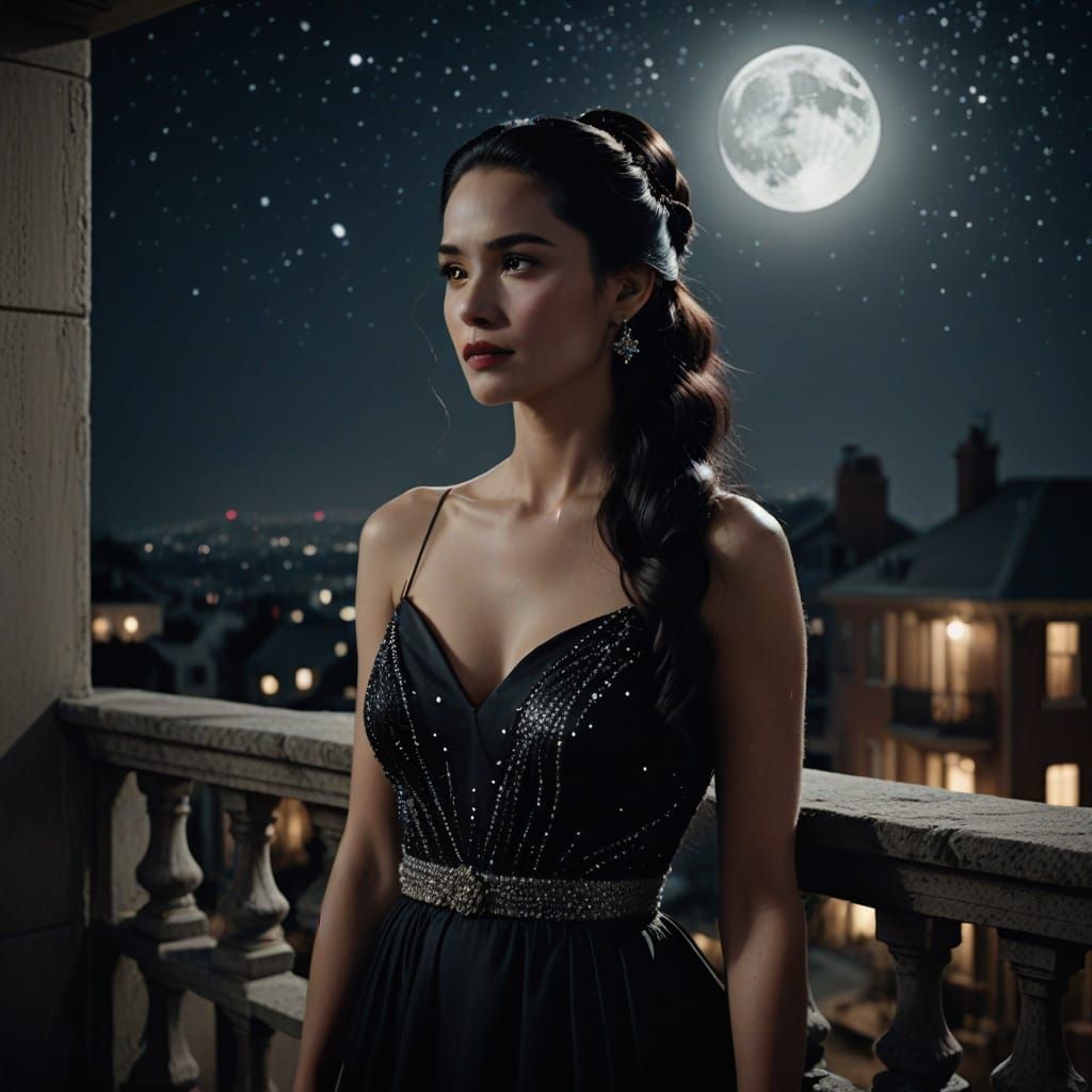 Sultry Film Noir Goddess in Elegant Gown Under Moonlit Night...