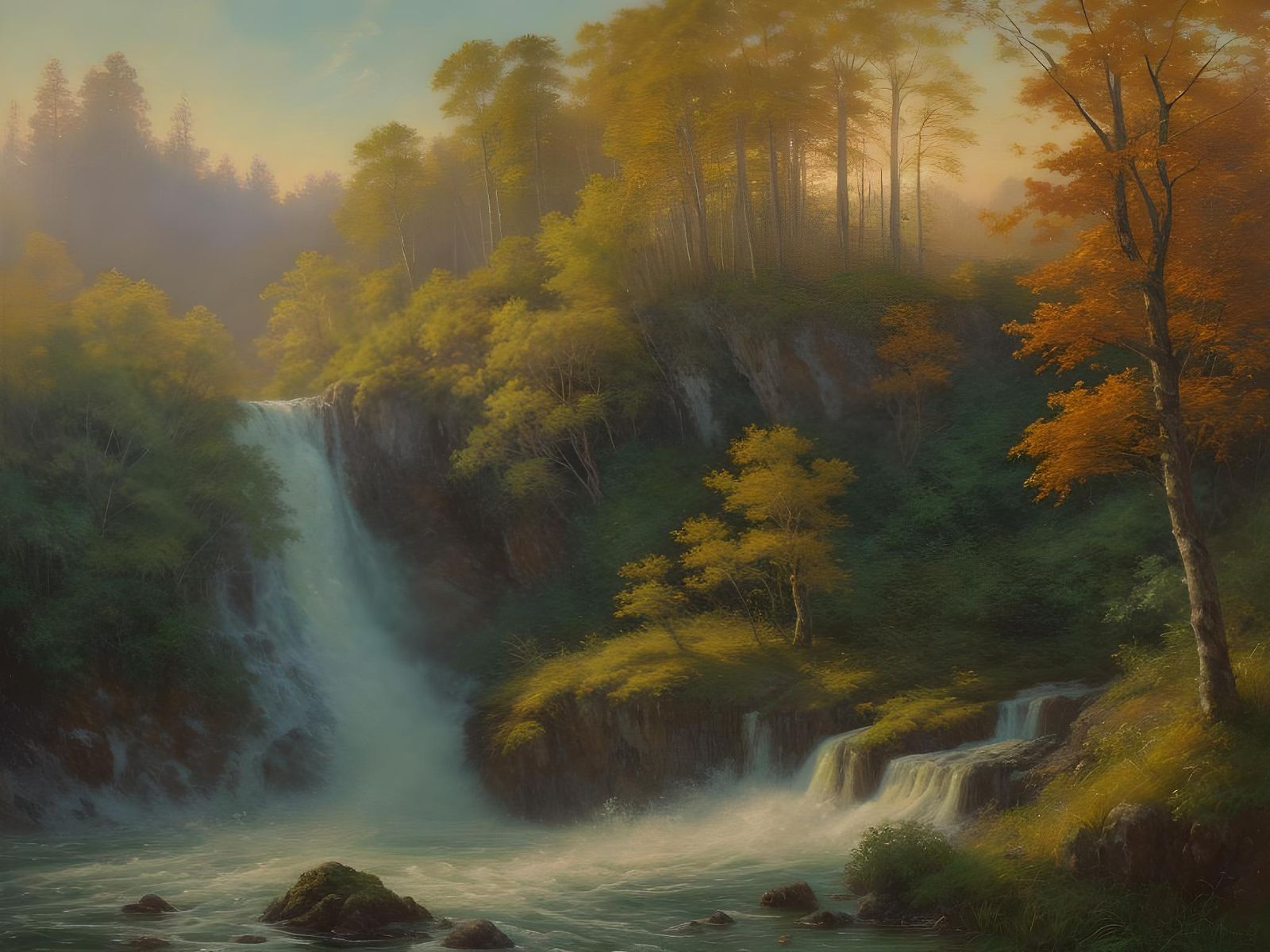 Luminous Waterfall Landscape as Impressionist Oil Painting