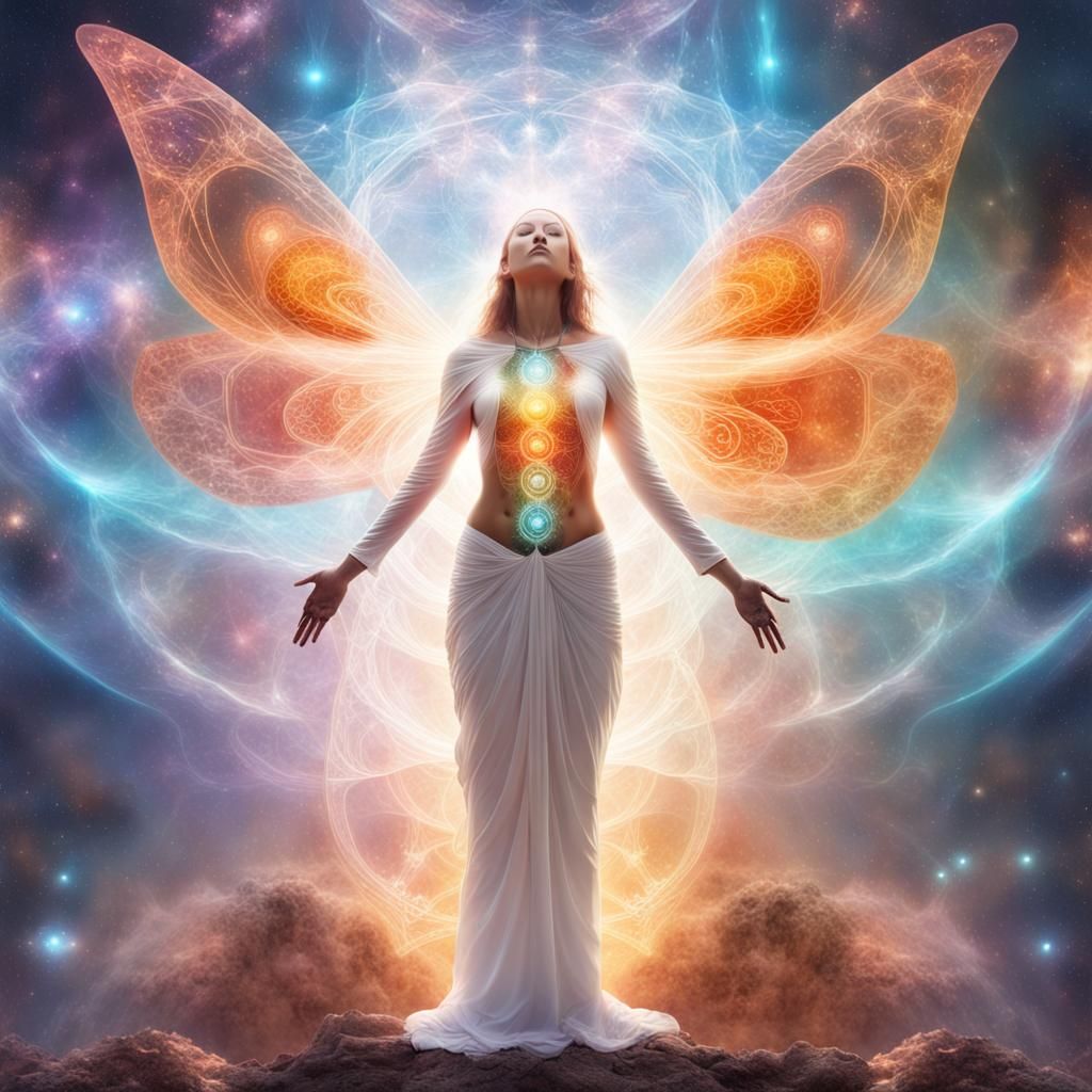 Glowing Angel with Chakra Explosion in Sacred Geometry