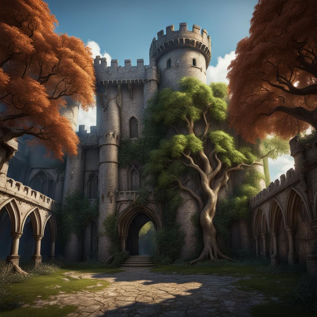 Fantasy Castle Courtyard with Crystal Oak, Detailed Matte Pa...