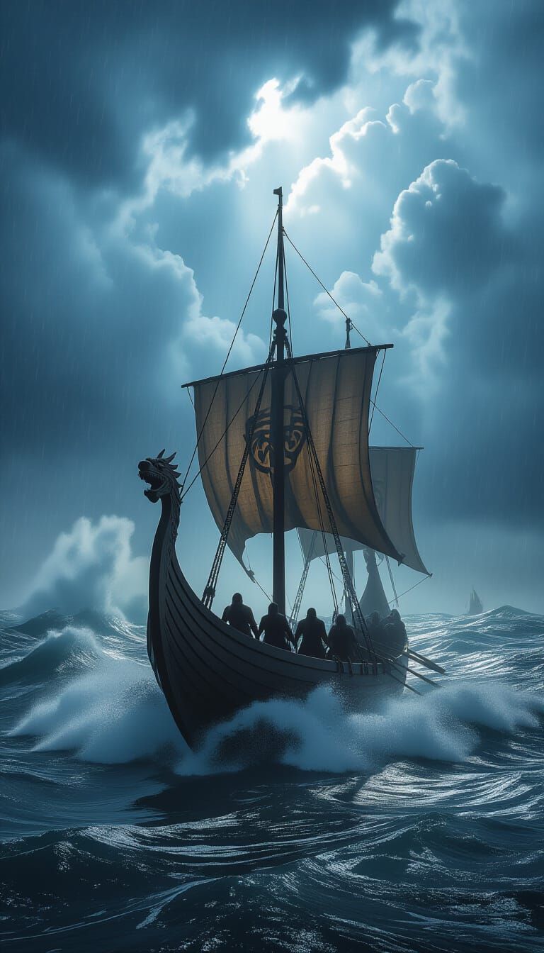 Viking Longship Battles Stormy Seas in Dramatic Matte Painti...