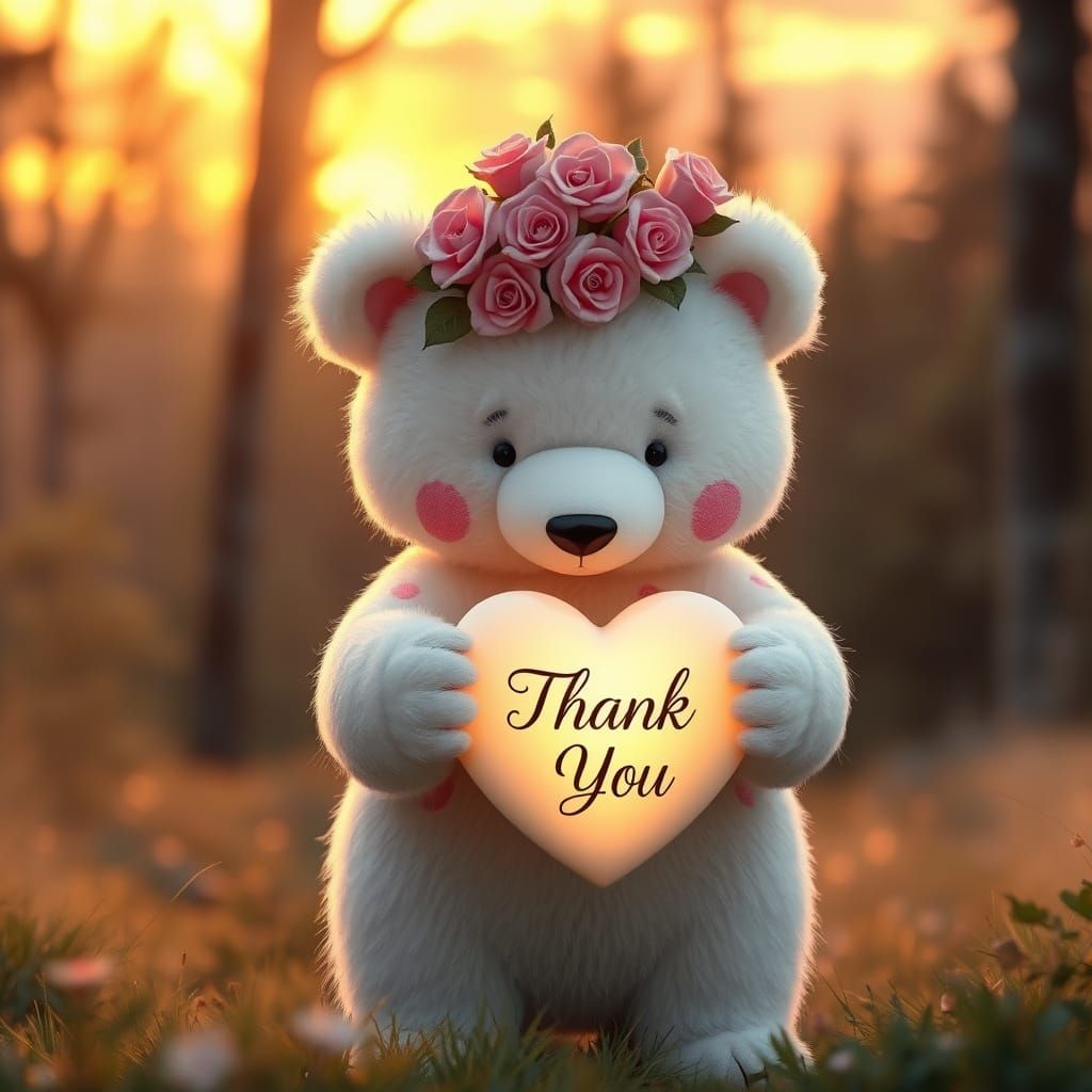Whimsical Bear with Pink Roses and Heart in a Dreamy Sunset ...