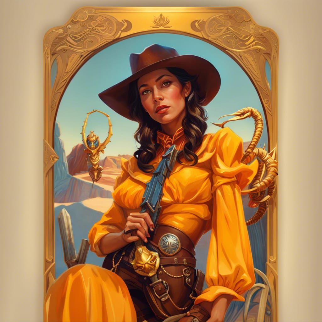 Cowgirl in Desert Holding Scorpion, Digital Art