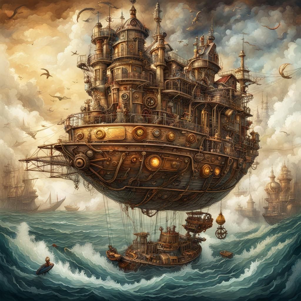 Steampunk Airship Over the Ocean in Watercolor Style
