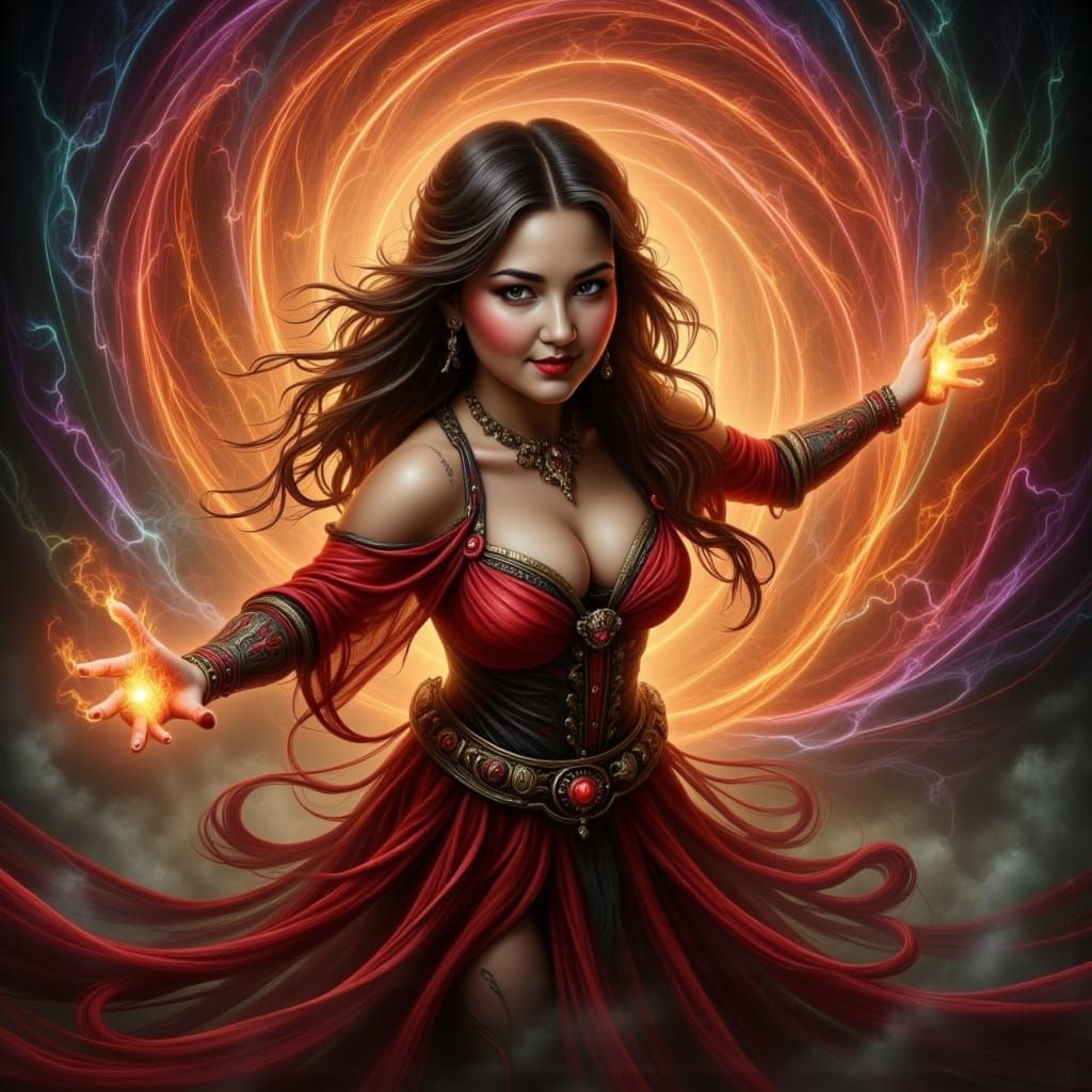 Evil Sorceress Dances Among Flames in Dark Fantasy