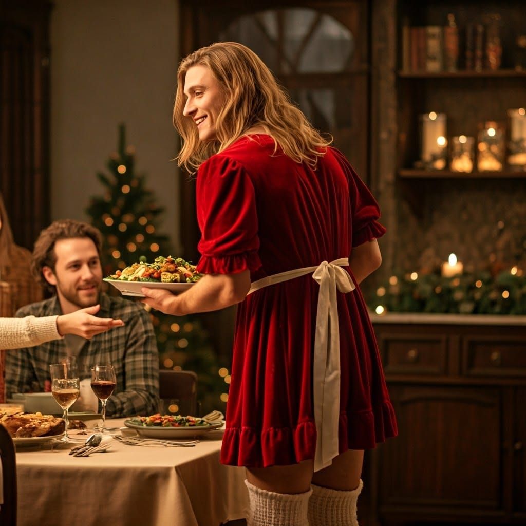 Man in Red Velvet Christmas Dress Serves Holiday Meal to Fam...