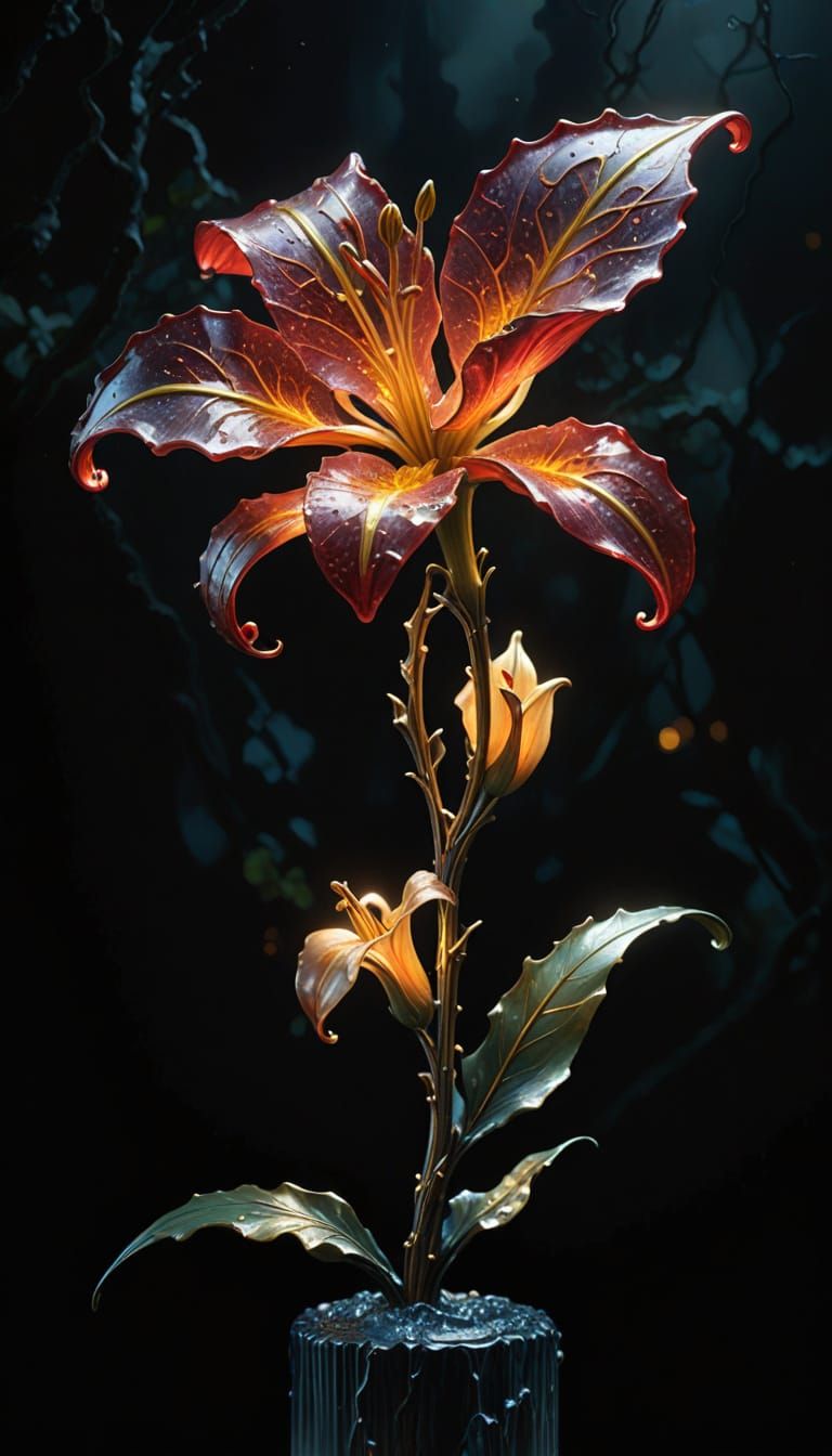 Surreal Ruby Lily Sculpture in Dystopian Style