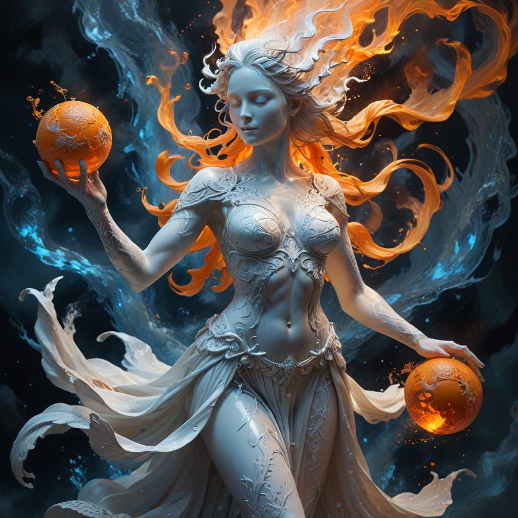 Ice and Fire Goddess Digital Painting with Ethereal Glow