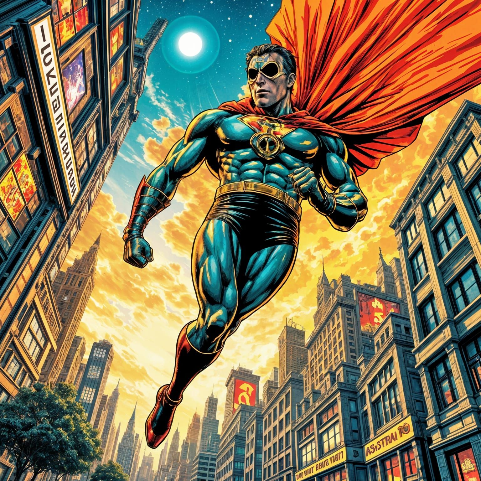 1960s Comic Superhero Soars Over City