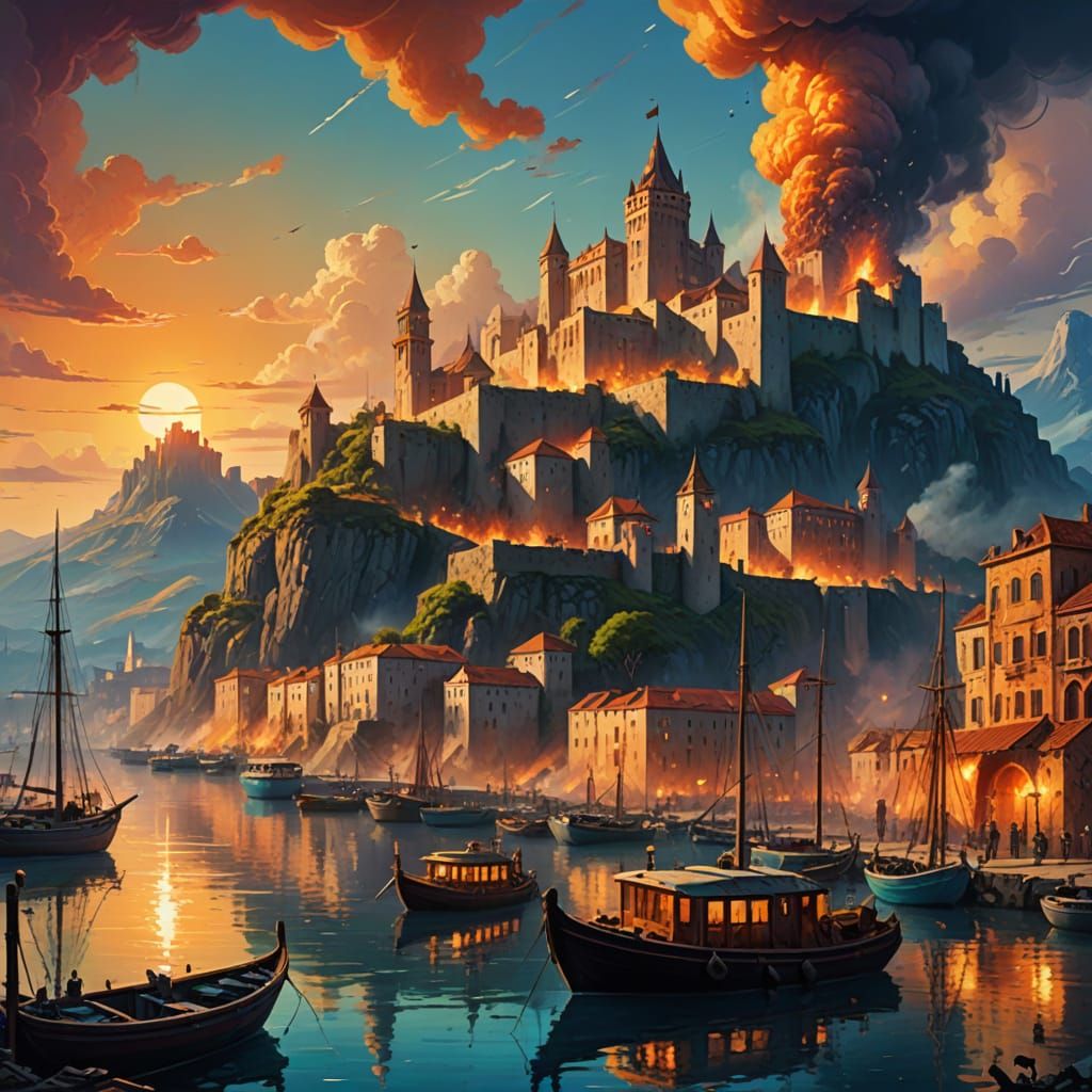 Epic Greek Myth Digital Painting of Boats in Harbor with Cas...