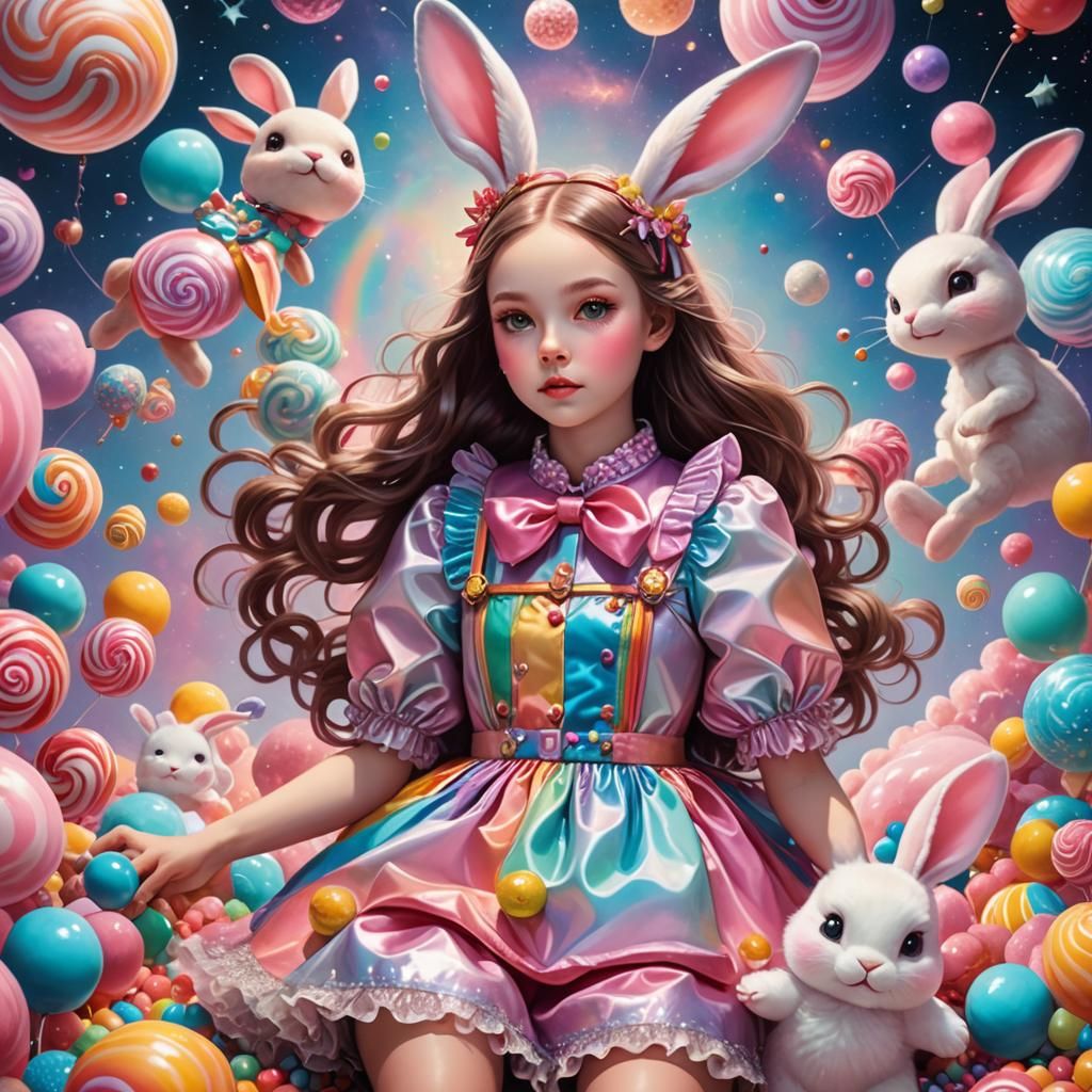 Girl with Rabbits in Candy Pop Surrealism