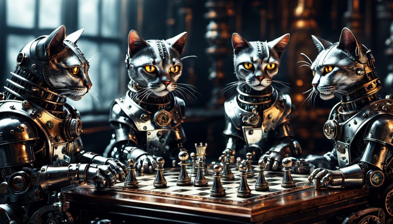 Steampunk Chess Cats in Mirrored Splendor