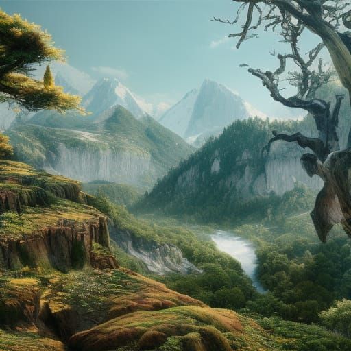 Hyper-Realistic Mountain Landscape with Birds and Trees