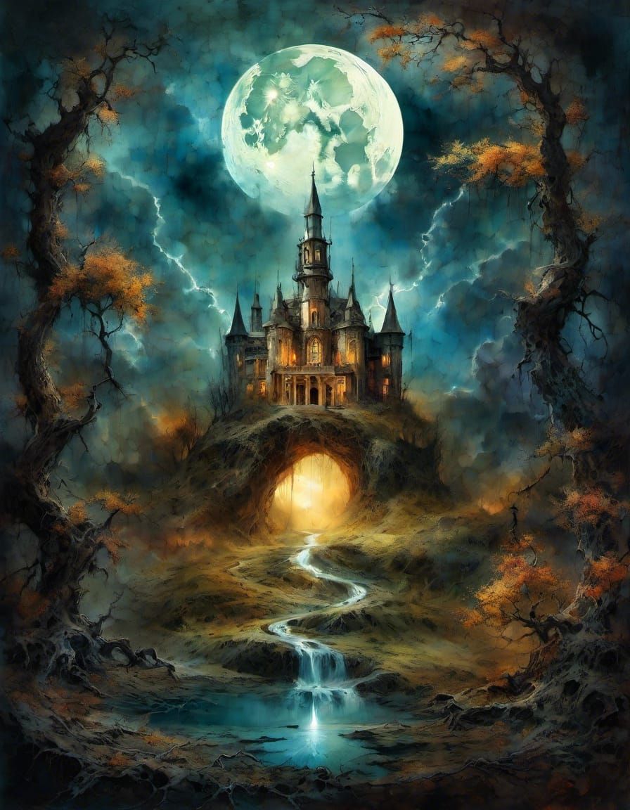 Yin Yang Moon with Lightning Waterfall