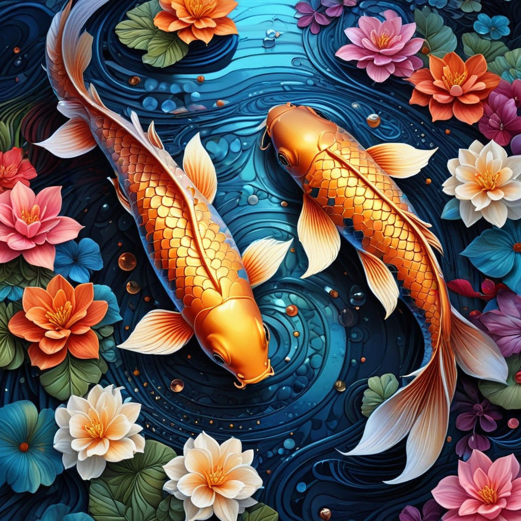 Yin Yang Koi Fish in Lotus Pond: Surreal Digital Art