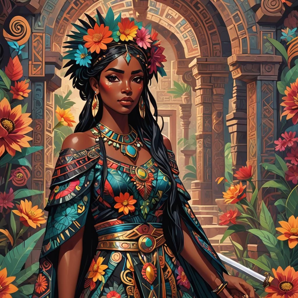 Latina Woman in Mayan Temple, Anime Cubist Style