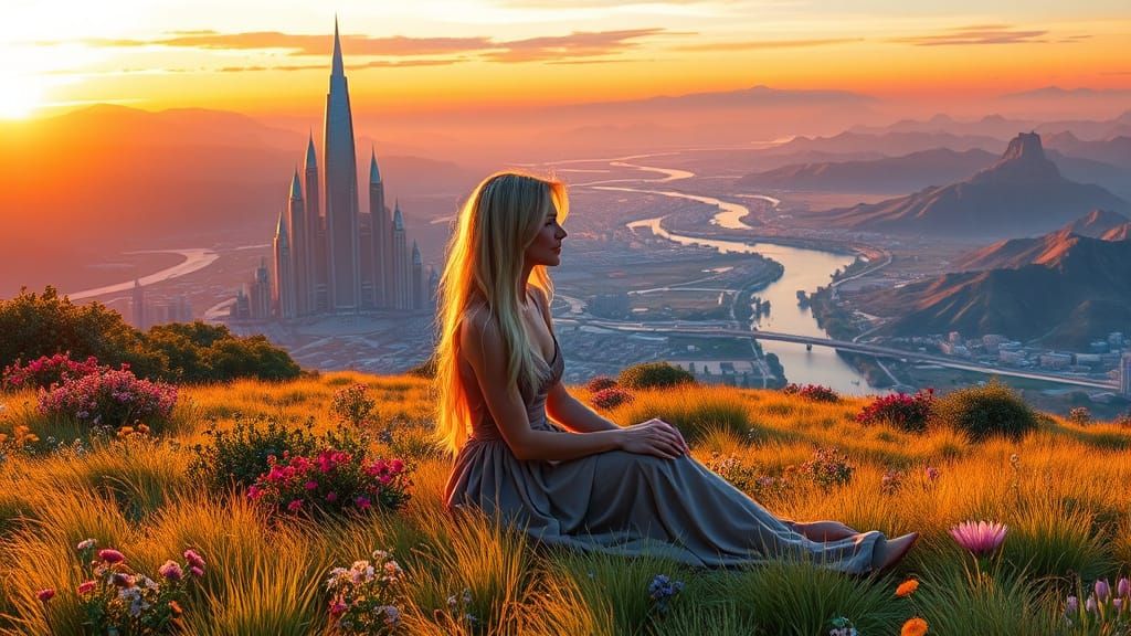 Futuristic City Landscape with Woman in Field