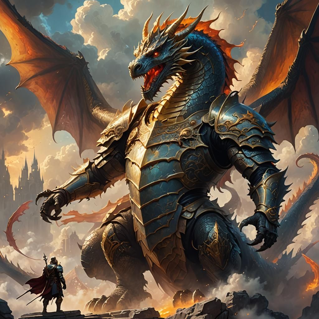 Knight vs Dragon in Sky Arena: Fantasy Art