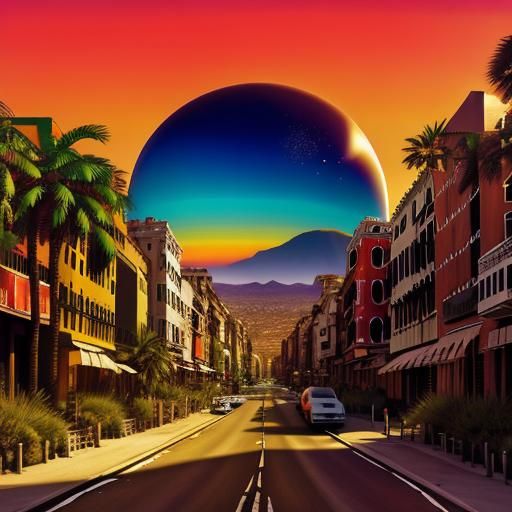 Surreal Desert Sunset: Hollywood, Abbey Road, Planets