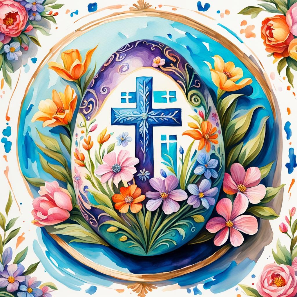 Detailed Easter Egg with Cross in Gouache Style