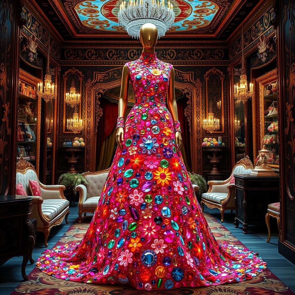 Baroque Elegance Mannequin in Vibrant Jewel-Encrusted Gown