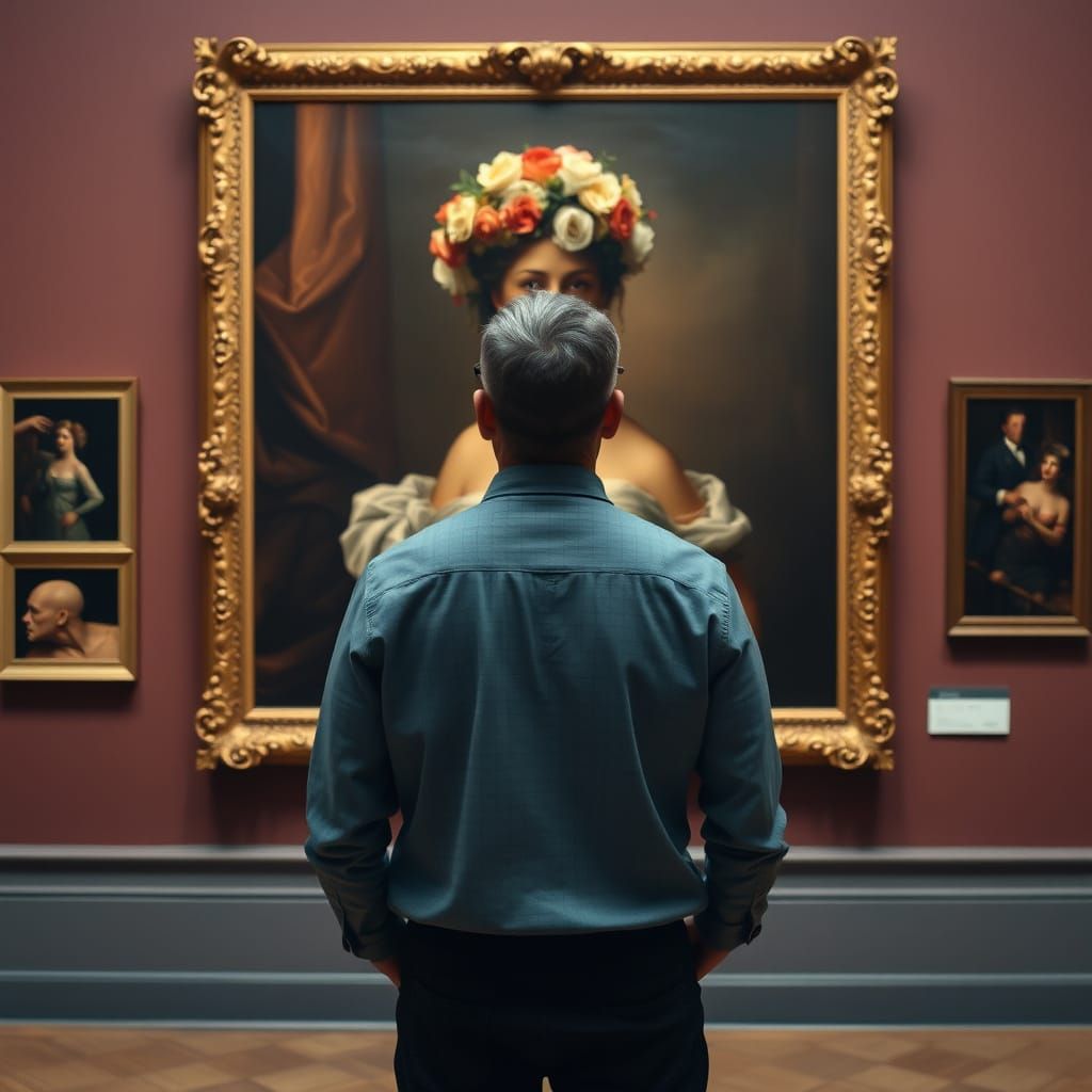 Baroque Woman with Flower Wreath in a Museum Setting