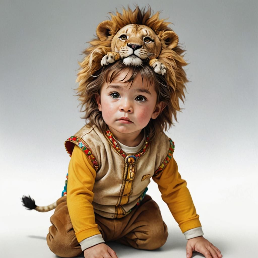 Cute Child in Lion Costume Surrounded by Toys