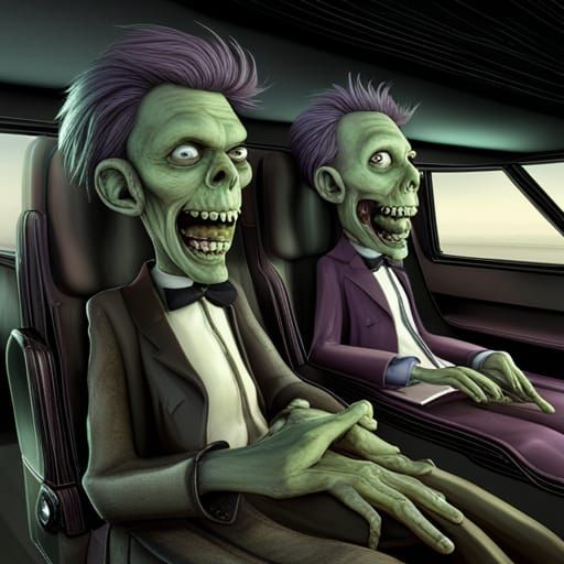 Cartoon Zombies Ride in Limo: Pixar-Style 3D Render