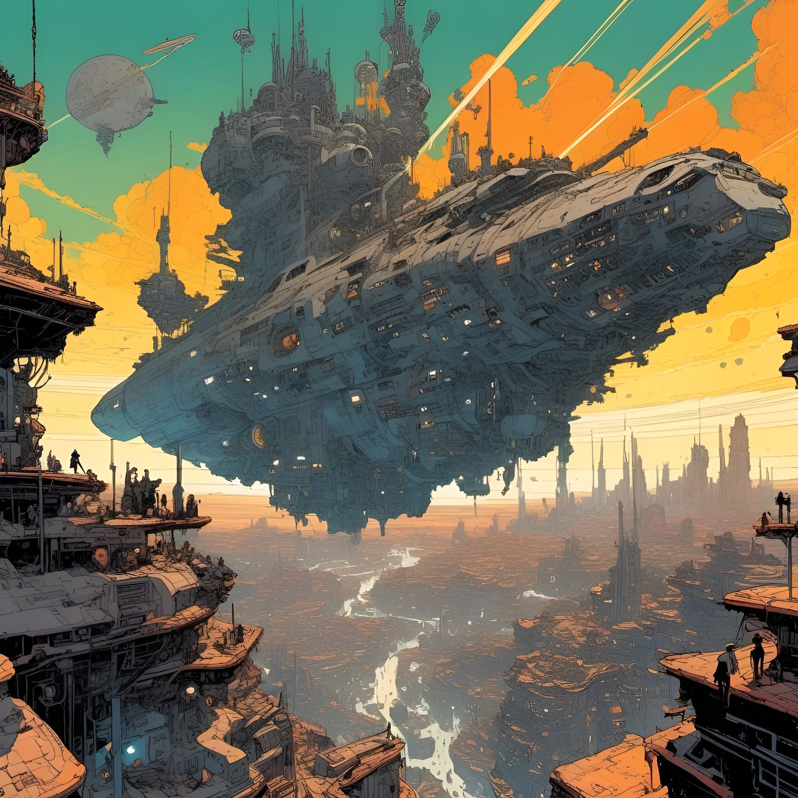 Futuristic Starship Amidst Asteroid City, Cyberpunk Style