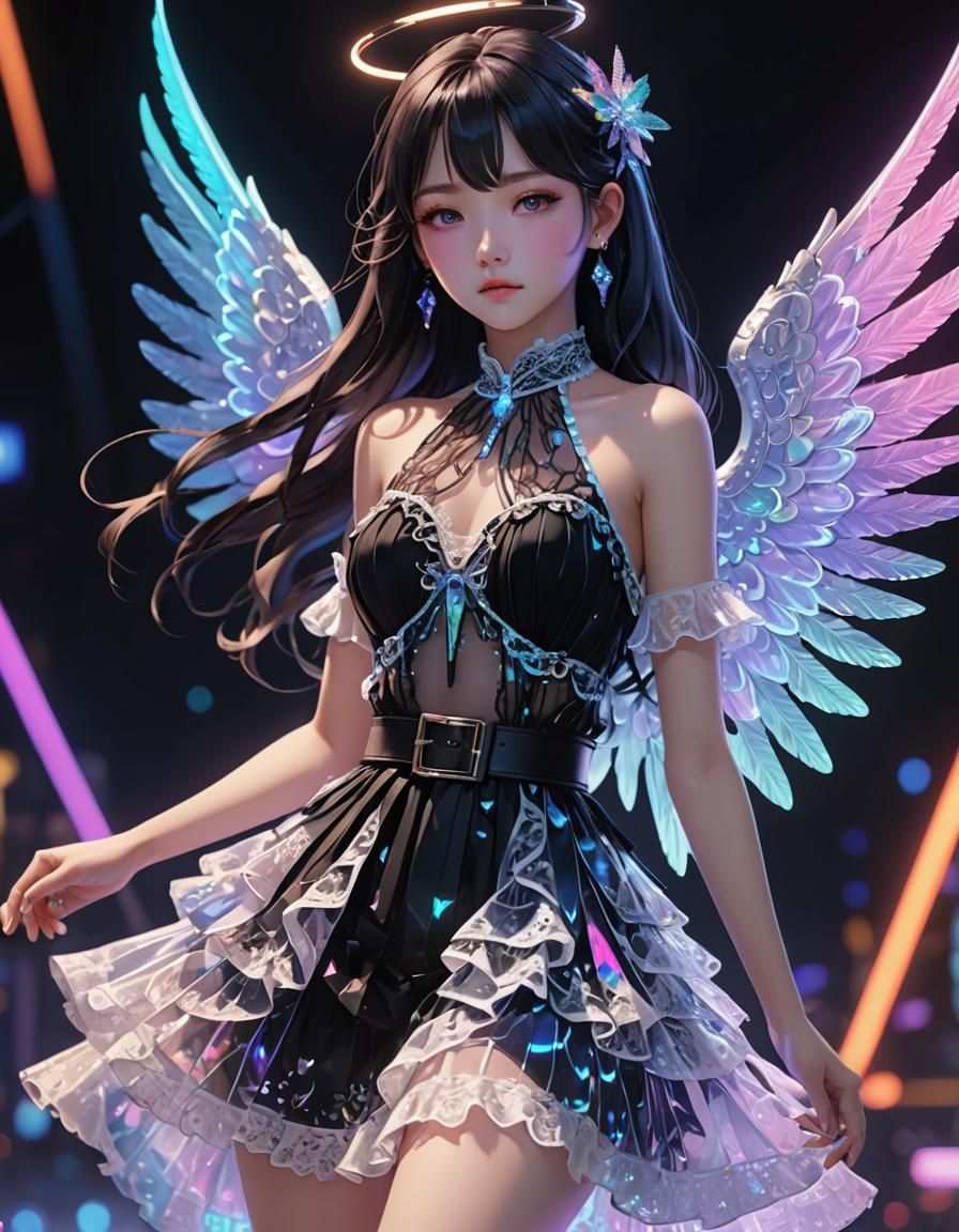 Rainbow Angel in Neon UV Black Light Anime Art