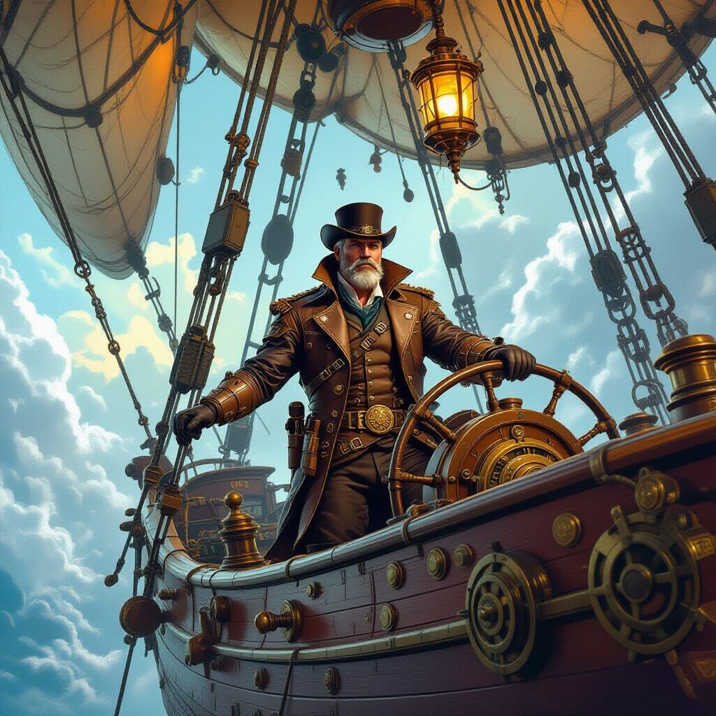 Steampunk Airship Captain Navigating Nebulae