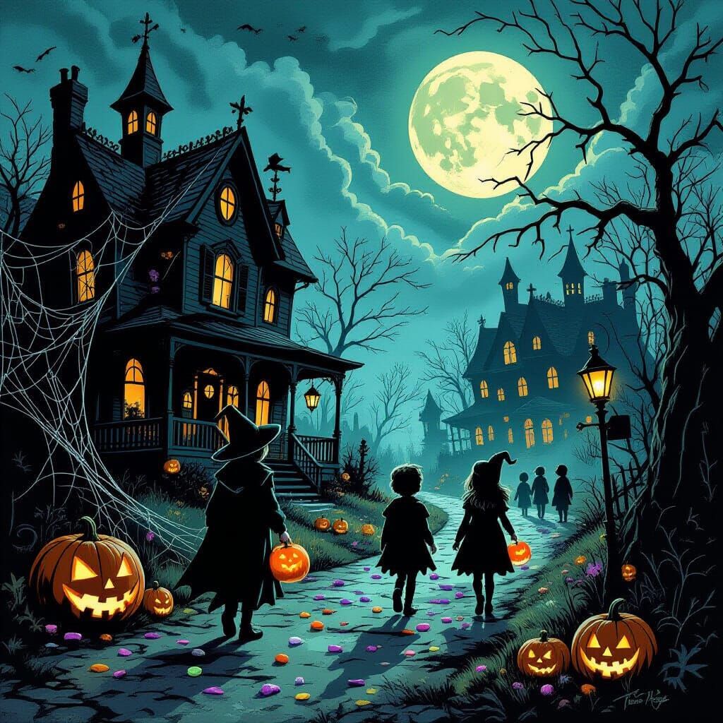 Spooky Halloween Night with Haunted Houses and Eerie Costume...