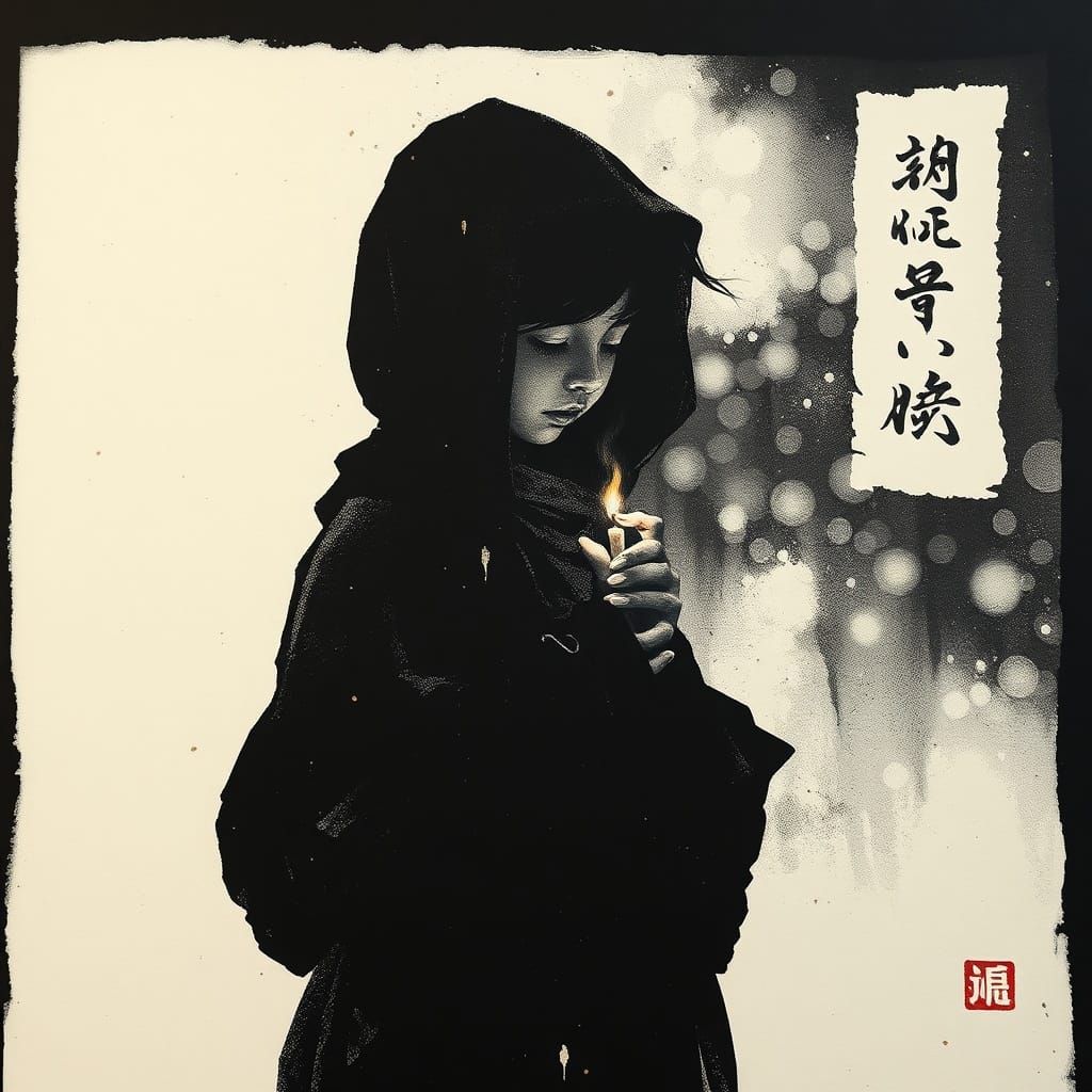 Girl in Rags Holds Tinderstick in Victorian London