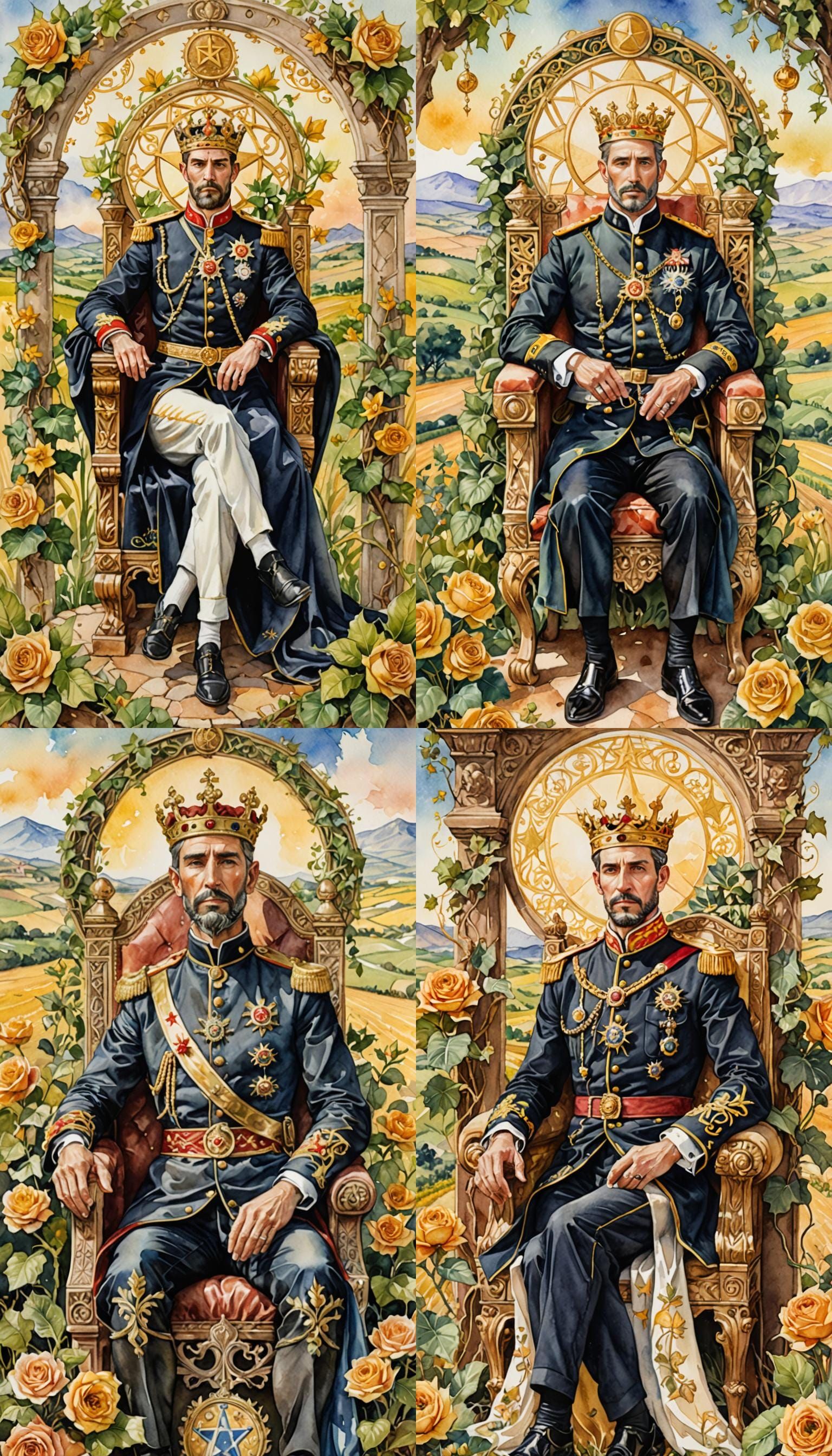 Spanish King on Throne with Pentacle, Watercolor