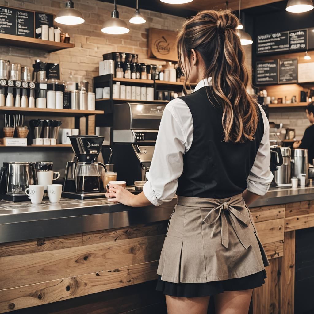Female Barista From Behind in Short Skirt