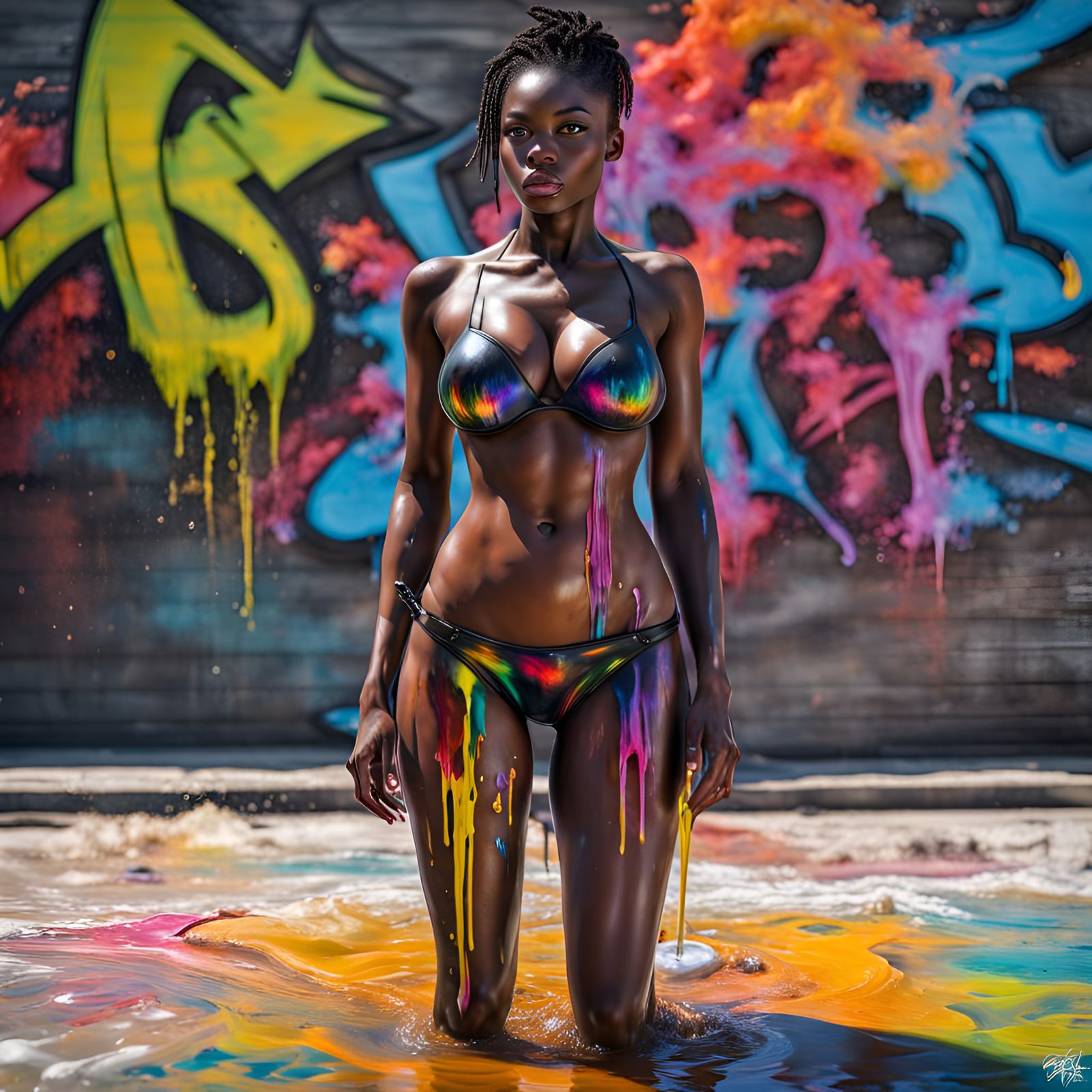 Paint-Splattered Model in Graffiti Street Art Style