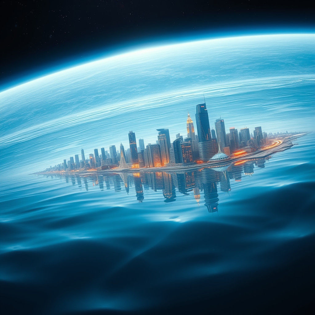 Water Body in Space Reflecting Futuristic Cities