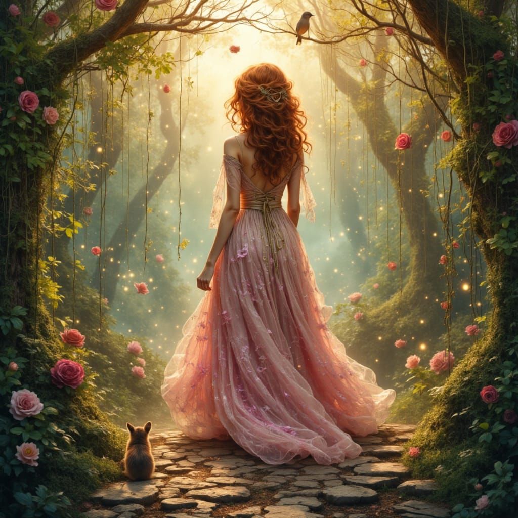 Woman in Floral Gown in Magical Garden Maze