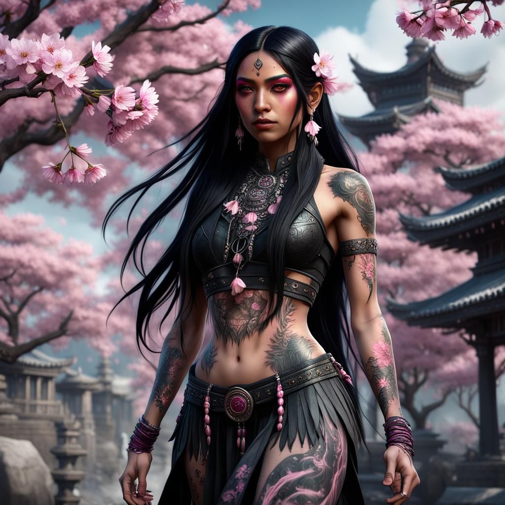Goth Native Girl with Cherry Blossom Tattoo