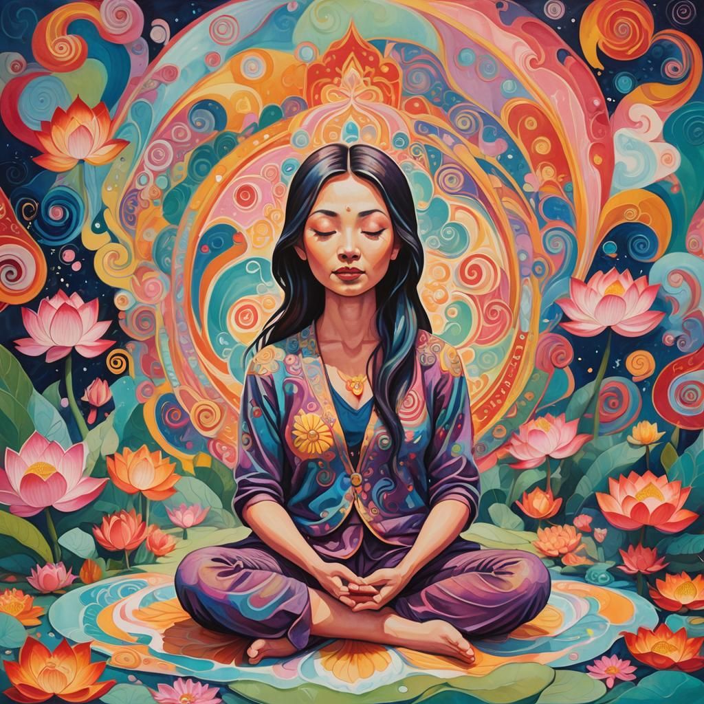 Girl Meditating in Candyland Gouache Painting