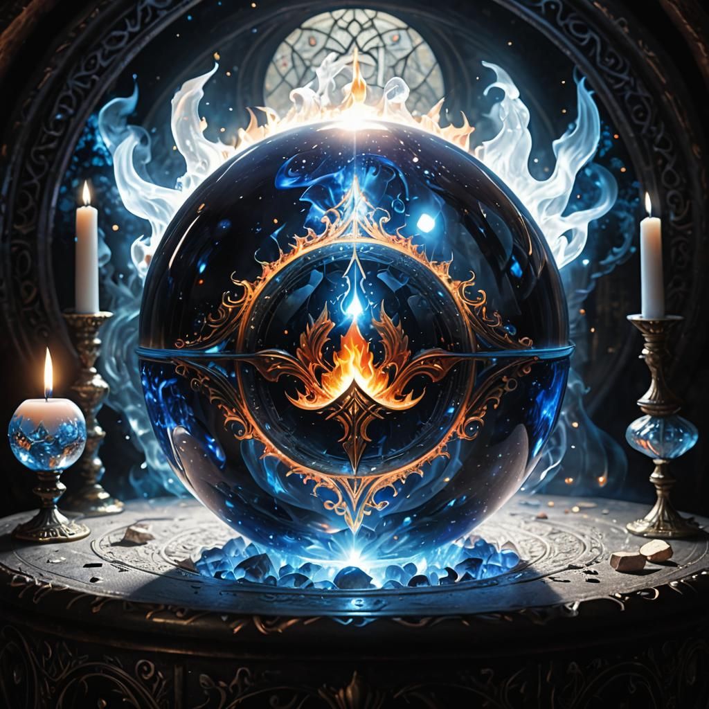 Wizard's Fiery Scrying Orb in Hyperrealistic Detail