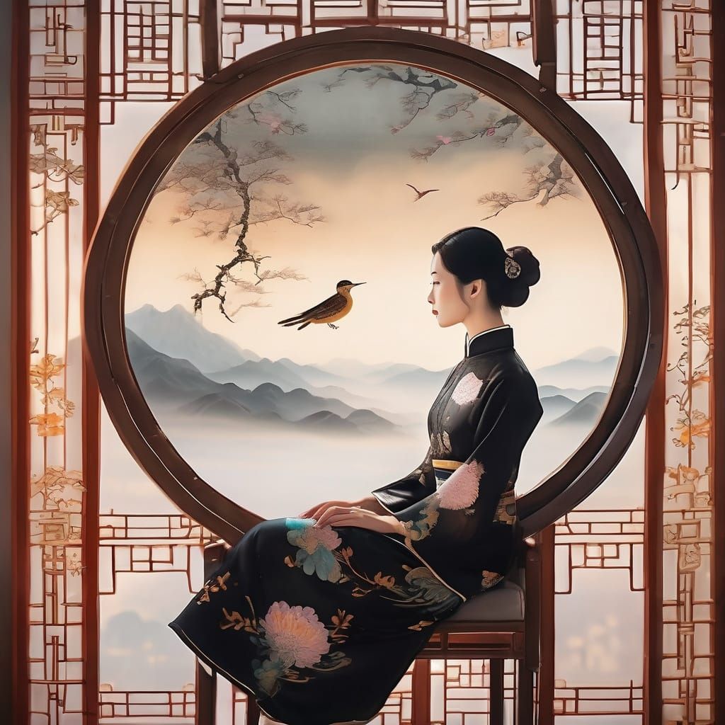 Ethereal Chinese Woman in Dreamy Watercolor